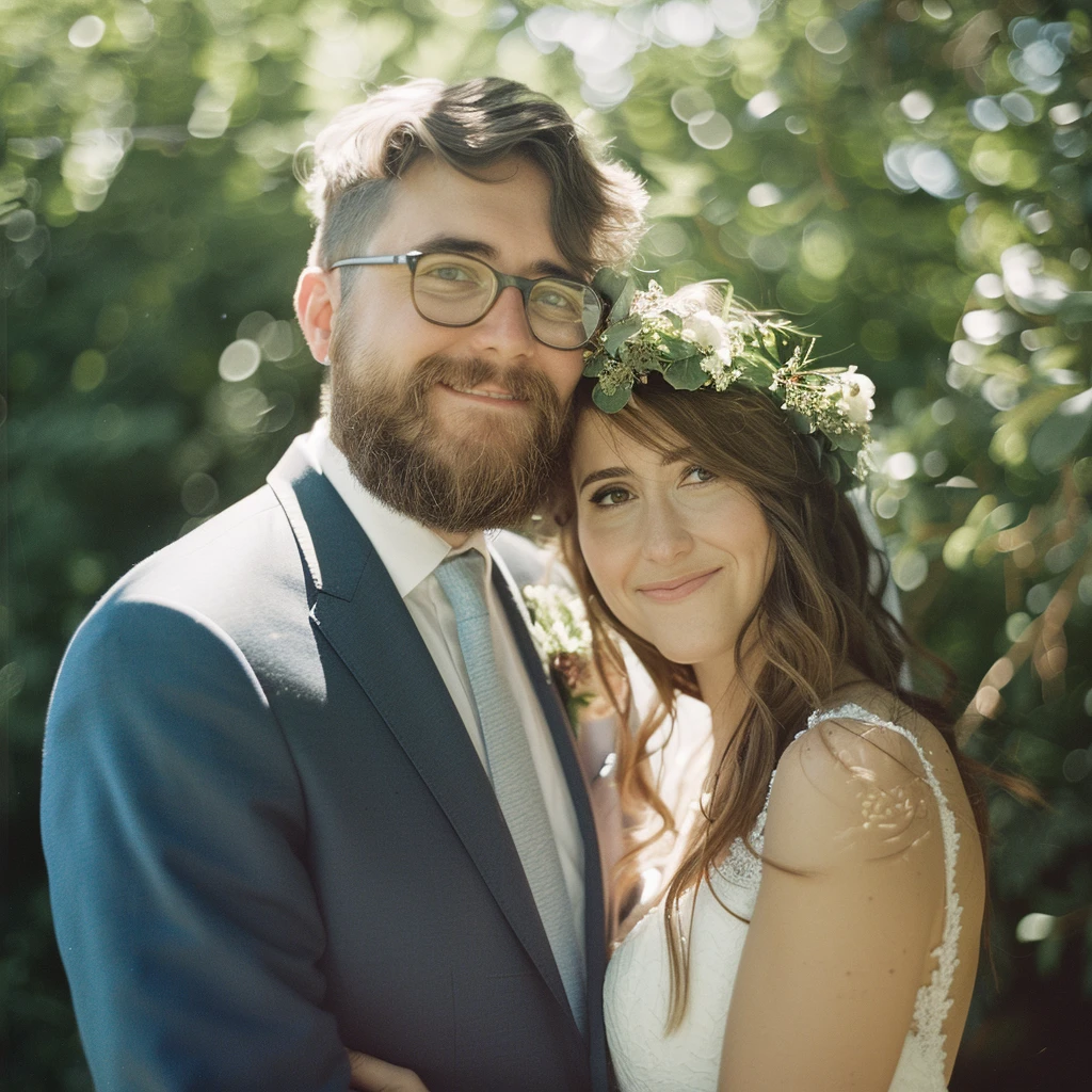 Bride and Groom looking into camera