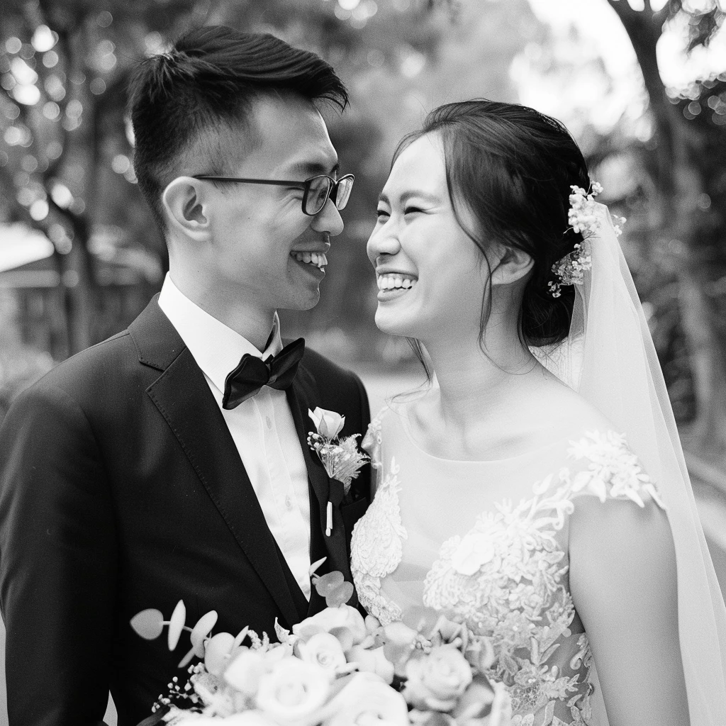 Bride and Groom smiling at each other