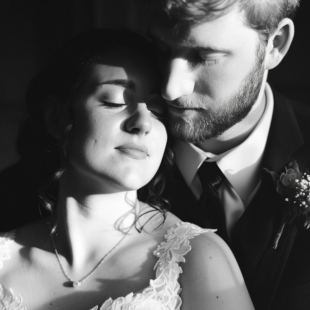 Bride and Groom eyes closed to camera