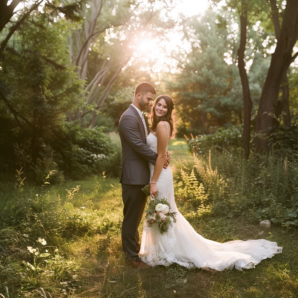 Groom looking at bride sunset