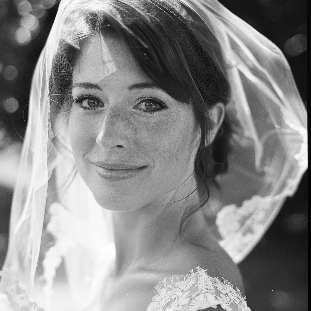 Black and white image at bride looking into the camera