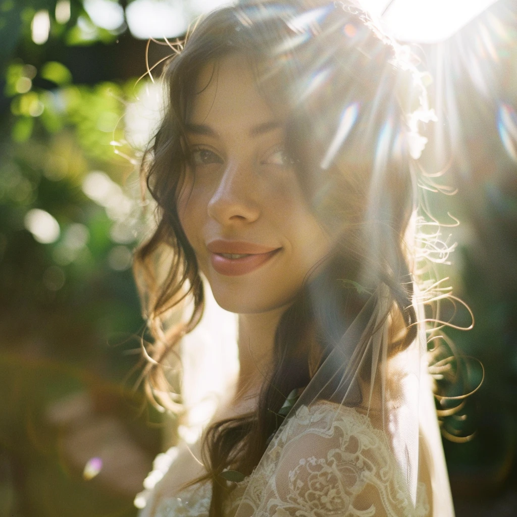 Bride looking into camera sunset sun glare