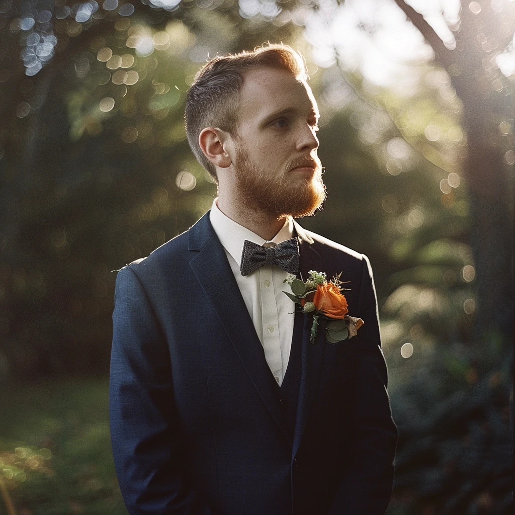 Groom looking yonder outside sunset