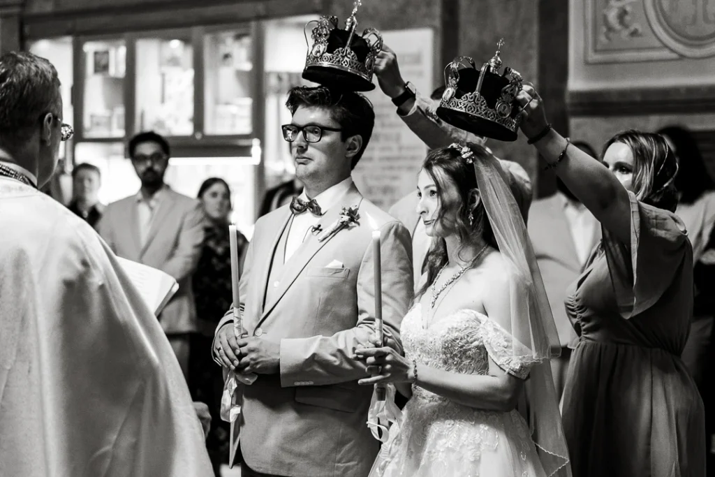 Crowns held over bride and groom's head Wedding Photography at St. Nicholas Russian Orthodox Cathedral