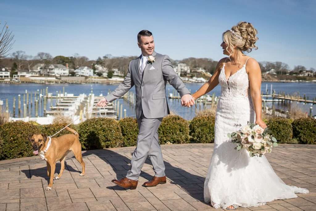 18-Crystal-Point-Yacht-Club-Bride-Groom-Walking-with-Dog-09893