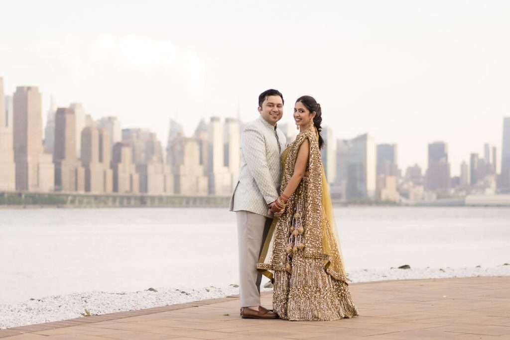 Close-up of couple laughing together during wedding reception at Waterside Restaurant in North Bergen NJ