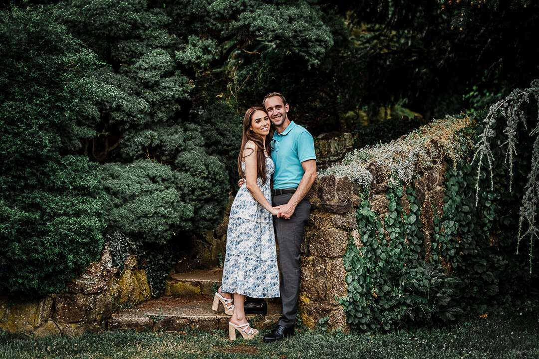 Couple standing together at Deep Cut Gardens during an engagement session in New Jersey