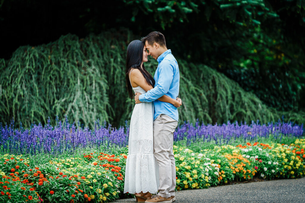 Romantic engagement portrait in lush gardens at Deep Cut Gardens New Jersey