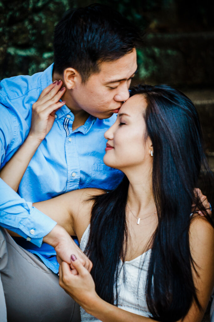 Intimate close up engagement portrait at Deep Cut Gardens wedding photographer