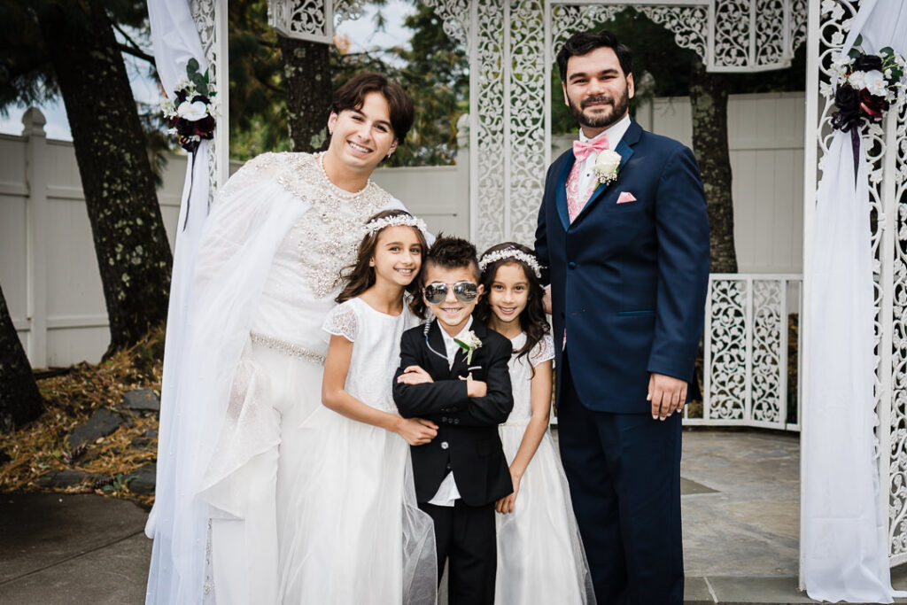 Wedding party with children at white Victorian gazebo Cortlandt Colonial fall wedding Hudson Valley