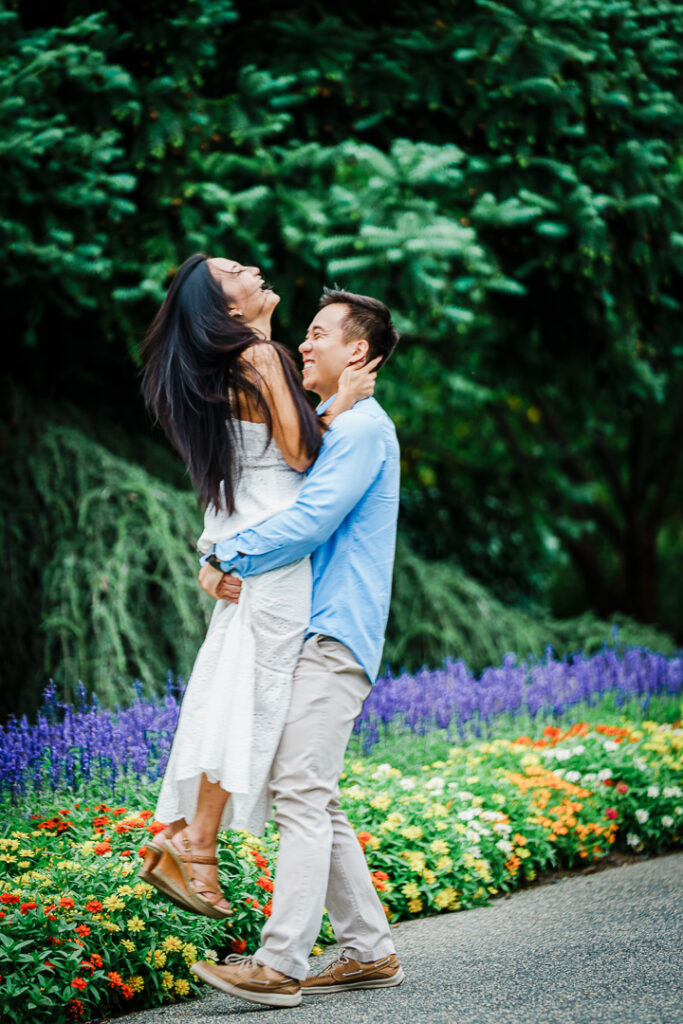 Romantic dip pose during Deep Cut Gardens engagement session in New Jersey