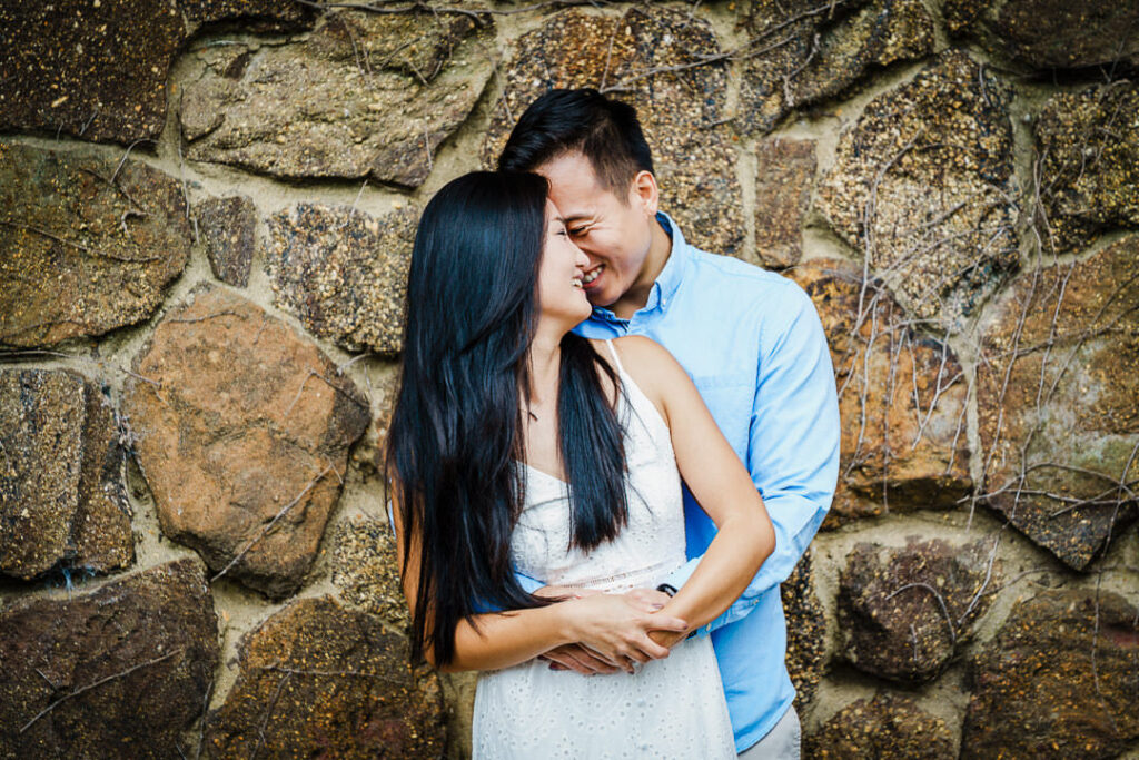 Overhead portrait of couple on stone pathway during Deep Cut Gardens engagement session