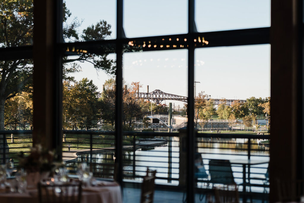 Lincoln Park views with bridge and water at sunset from The View.