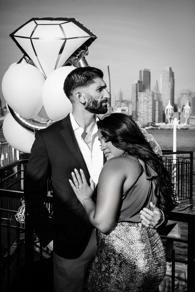 Black and white couple portrait at NYC waterfront engagement by Alex Kaplan Photography