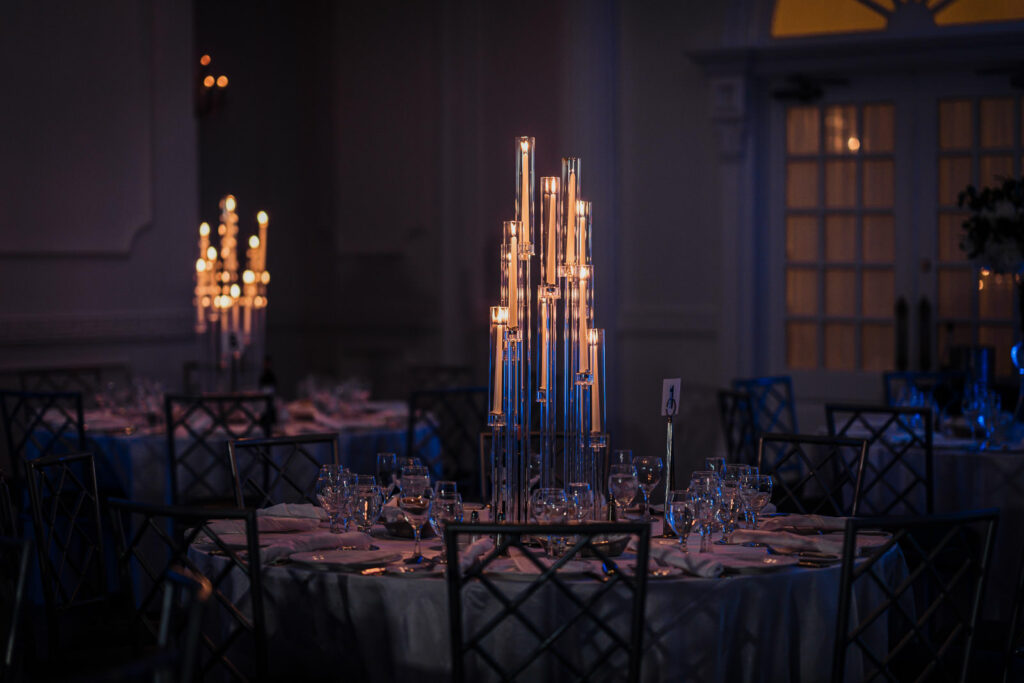 Tall candelabra centerpiece detail at Legacy Castle Pompton Plains wedding by Alex Kaplan Photography