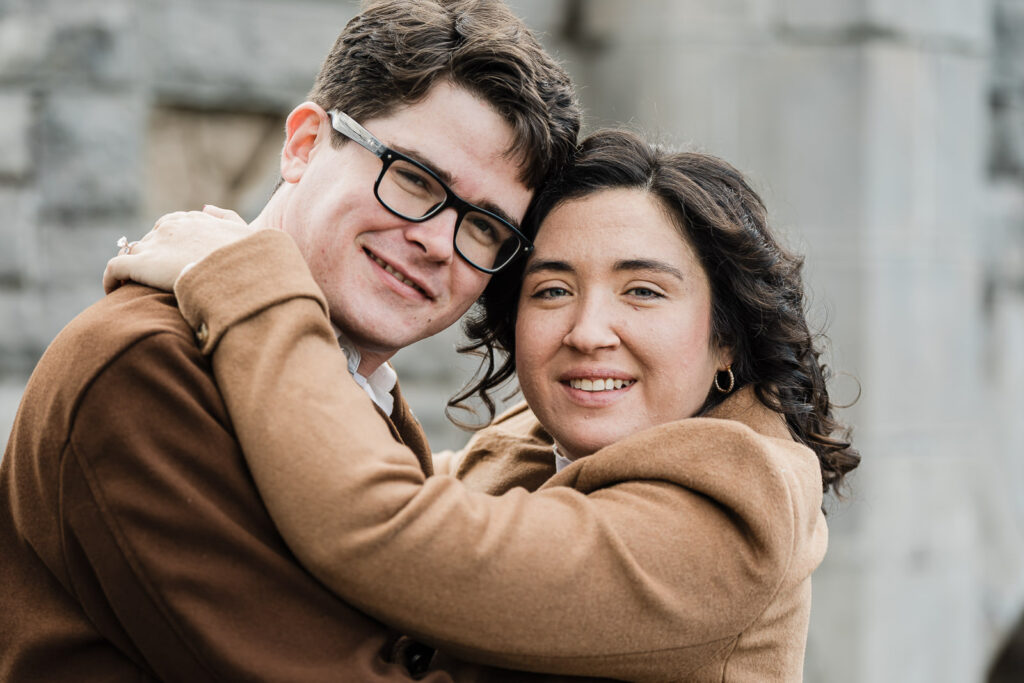 Close-up of engaged couple in intimate embrace during fall engagement session in Verona NJ by Alex Kaplan