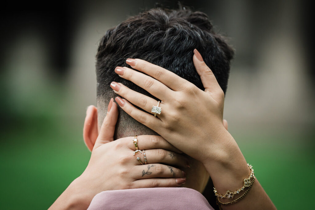 Bergen County proposal photographer Alex Kaplan captures stunning engagement ring detail shot with newly engaged couple