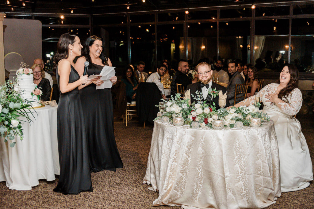 Three tier white wedding cake with blush roses and Mr and Mrs topper Ramsey Country Club by Alex Kaplan Photography