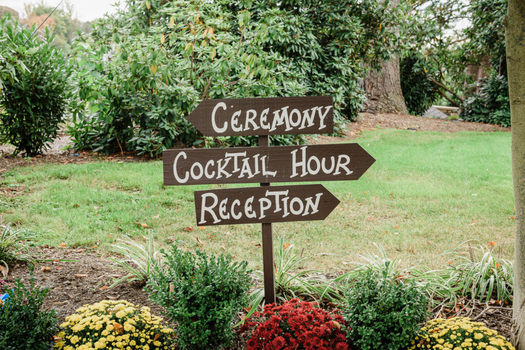 Rustic wooden directional signs for ceremony cocktail hour and reception at Ramsey Country Club photographed by Alex Kaplan