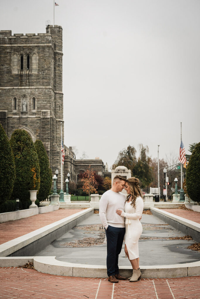 Surprise proposal moment captured by Northern New Jersey photographer at botanical garden with natural lighting