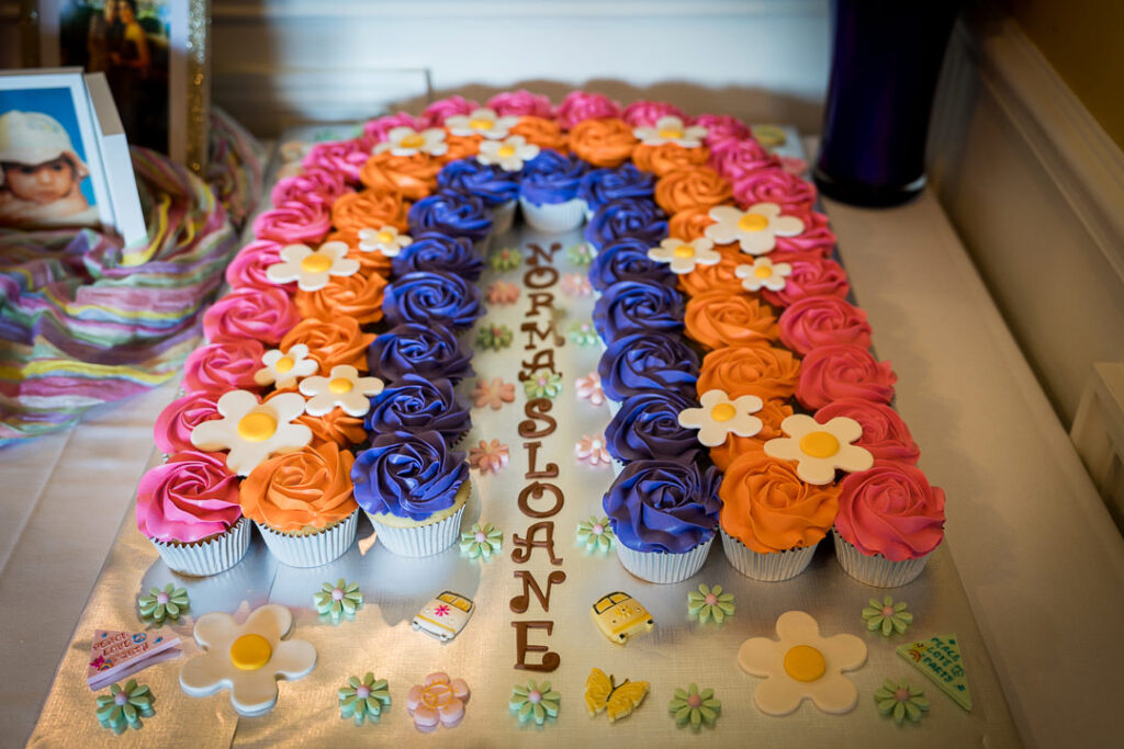 Groovy baby shower cupcake display spelling baby's name at Delpino Restaurant New Jersey