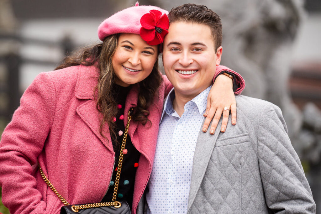 Close-up portrait showing engagement ring during photos at Mount Fuji Japanese gardens.