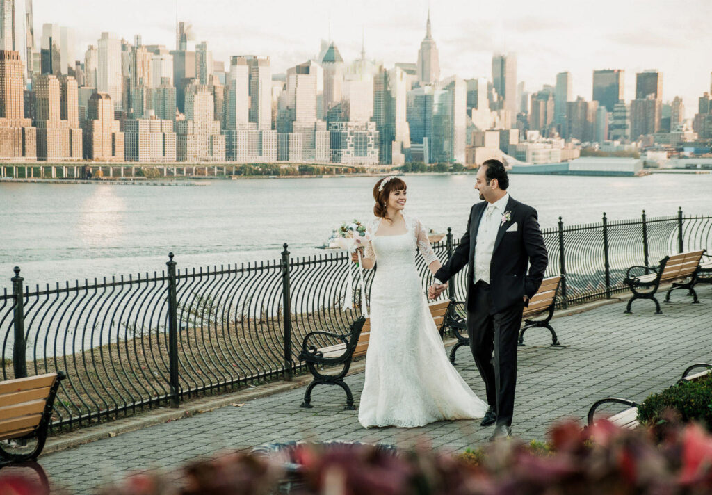 Weehawken waterfront wedding photos with NYC skyline backdrop by Alex Kaplan Photography