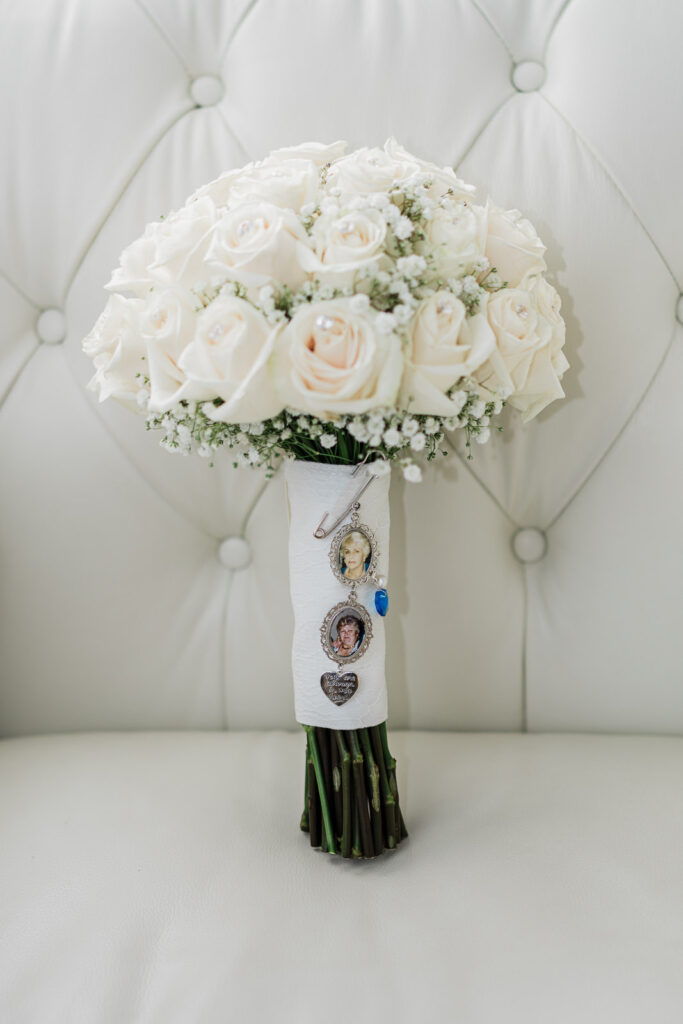 White rose bridal bouquet with memorial photo charms The Grand Totowa wedding