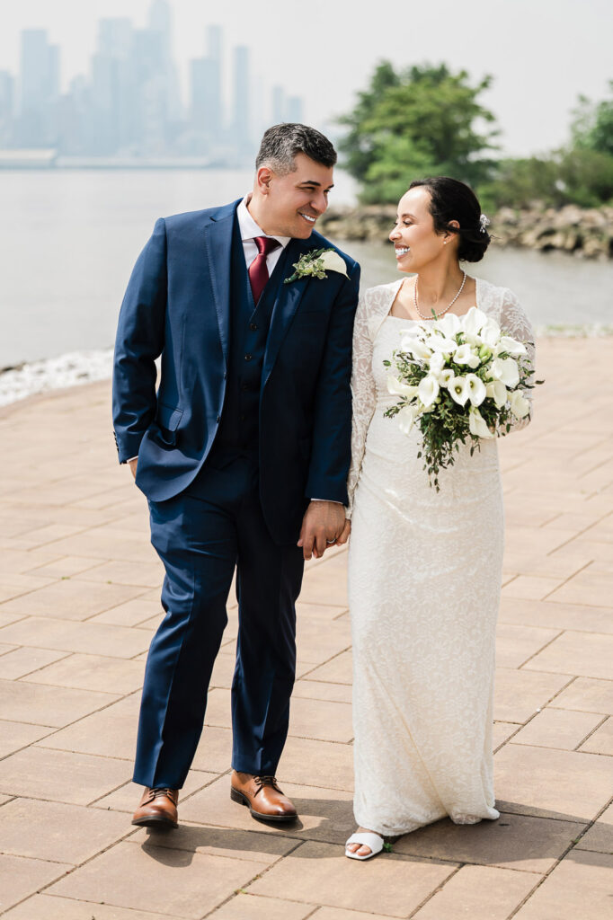 Bergen County courthouse wedding couple portraits at Waterside with NYC skyline by Alex Kaplan