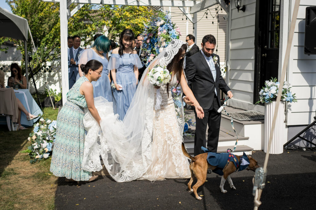 Wedding kiss with guests applauding at Fair Lawn home ceremony