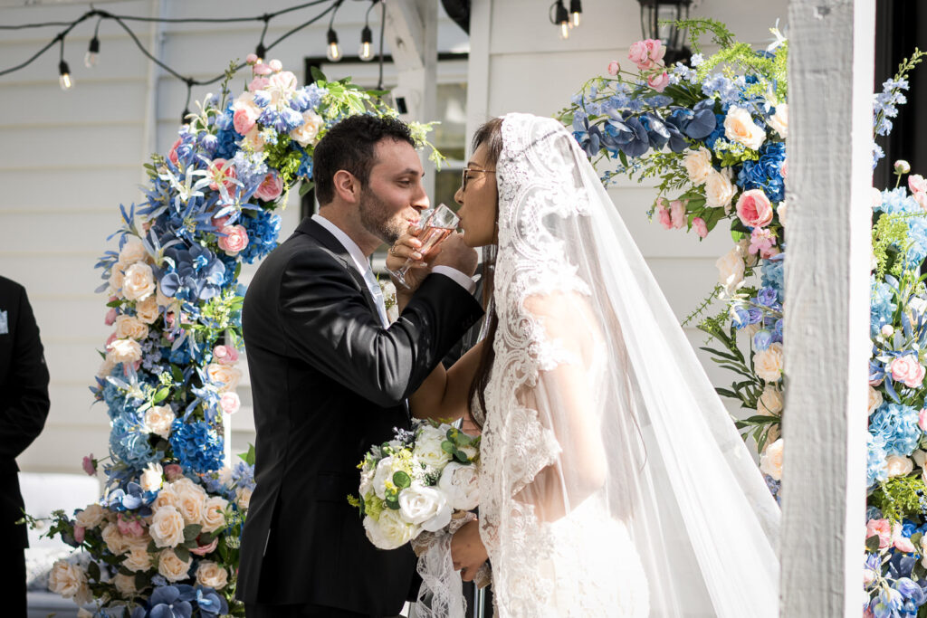 Chinese Jiao Bei Jiu wine ritual during Fair Lawn multicultural wedding