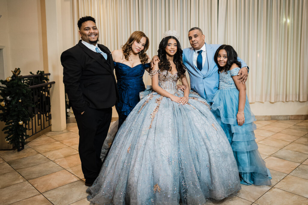 Full family portrait at The Elan Lodi NJ Sweet Sixteen Winter Wonderland celebration