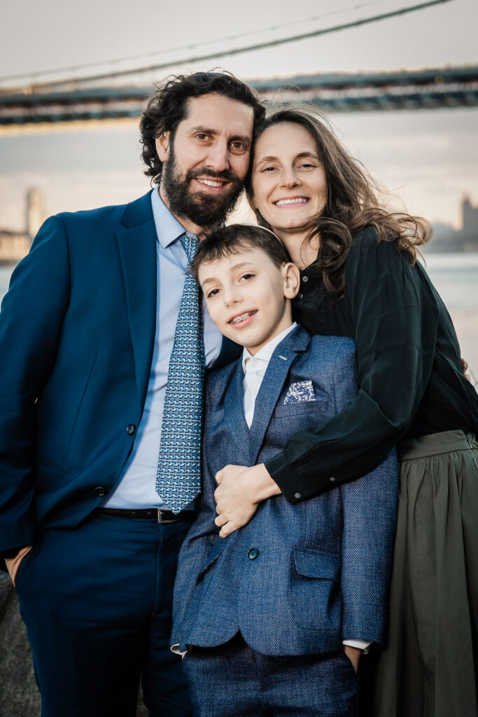 Family of three portrait at Ross Dock Fort Lee New Jersey waterfront