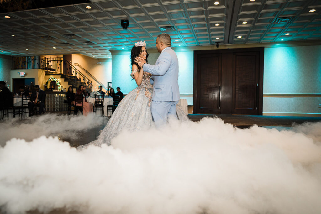 Father-daughter dance with fog effects at The Elan Lodi NJ Sweet Sixteen