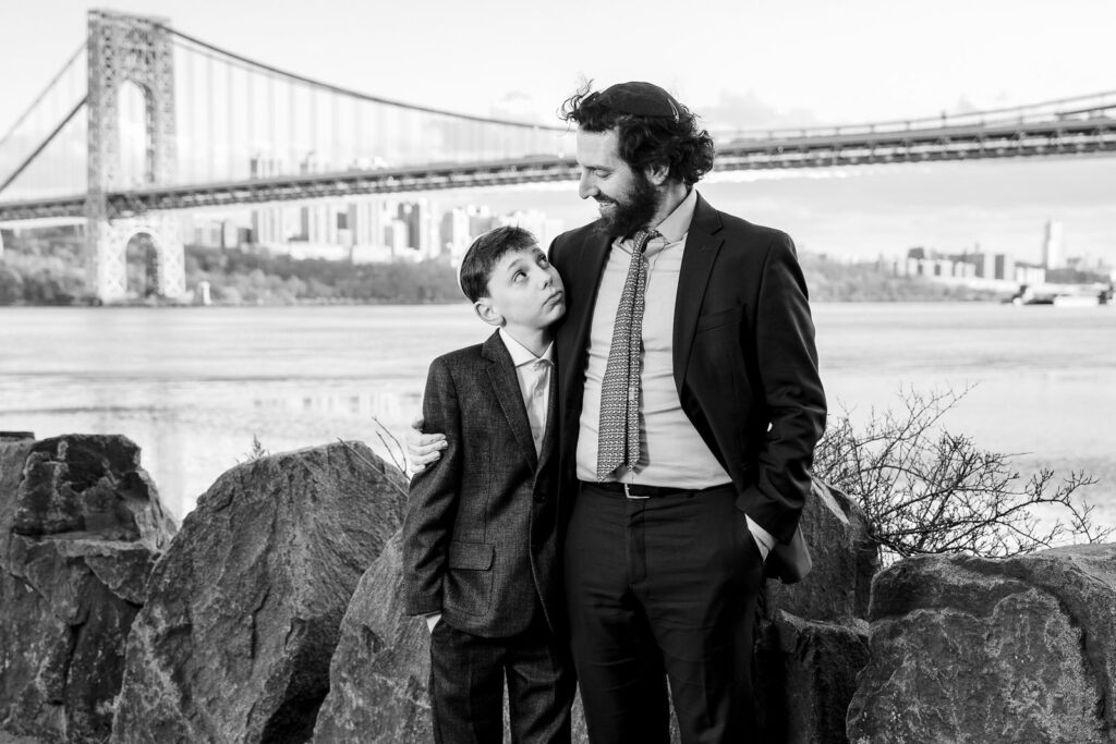 Father and son black and white portrait at Ross Dock Fort Lee