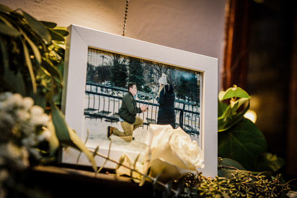 Framed proposal photo display at Midtown Loft & Terrace by Alex Kaplan