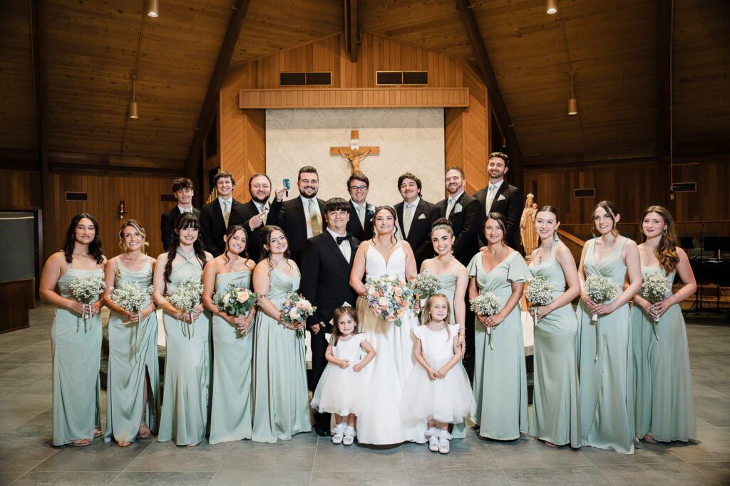 Full wedding party including flower girls at Notre Dame of Mt Carmel Church Cedar Knolls