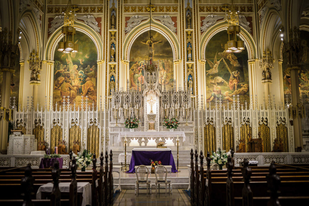 Vintage wedding trolley on Manhattan streets Upper East Side