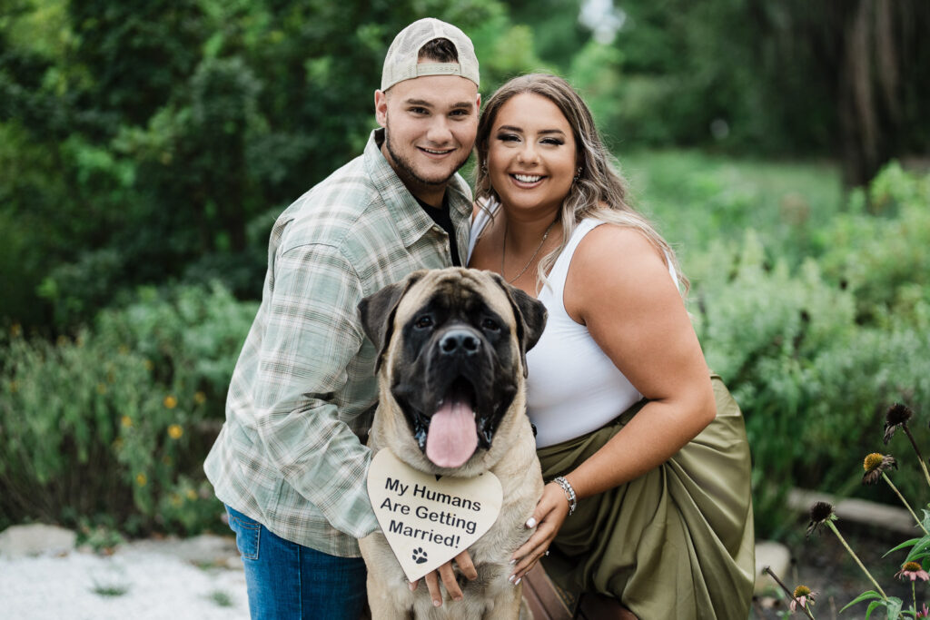 Close up engagement portrait with dog Sayen House and Gardens Hamilton Square NJ engagement photography
