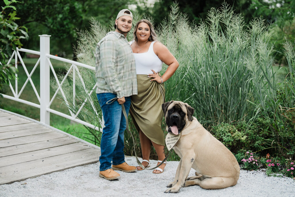 Couple with dog wearing My Humans Are Getting Married sign Sayen Gardens Hamilton engagement photos