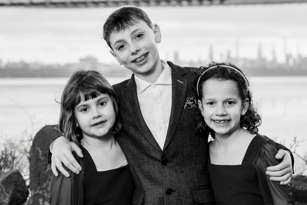 Black and white portrait of three siblings at Ross Dock Fort Lee NJ
