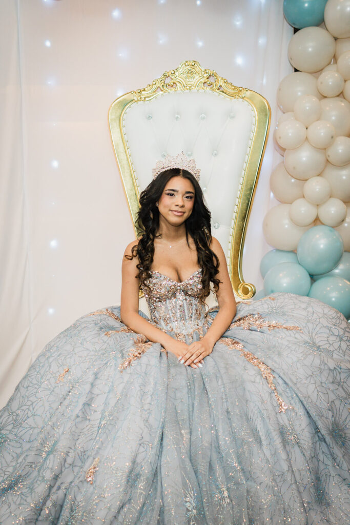 Formal throne portrait at The Elan Lodi NJ Winter Wonderland Sweet Sixteen