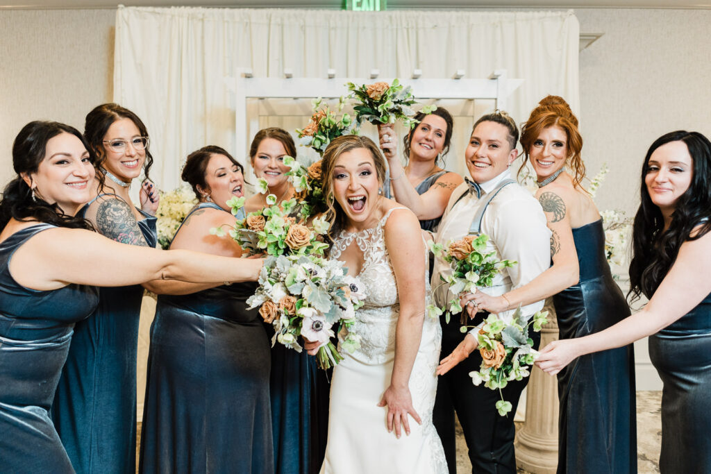 Bride with eight bridesmaids formal portrait Windsor Ballroom East Windsor