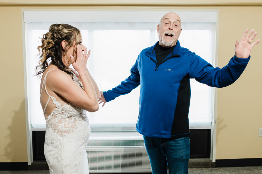 Father Nate reacting to bride in wedding dress Windsor Ballroom East Windsor