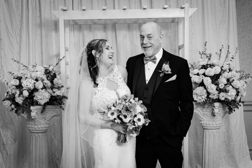 Father walking bride down aisle black white photography Windsor Ballroom