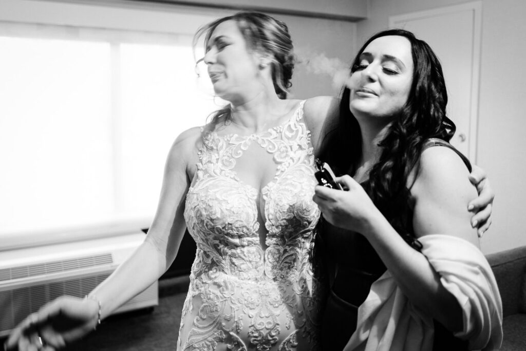 Black white documentary bride getting ready Windsor Ballroom East Windsor