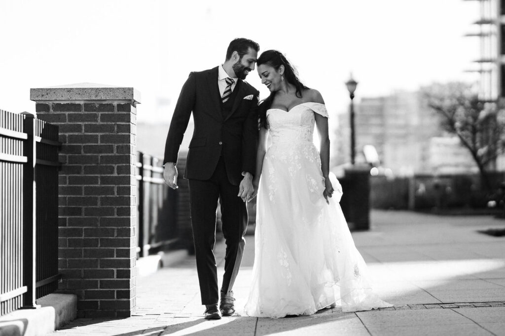 Bride and groom romantic portrait session at northern New Jersey waterfront location