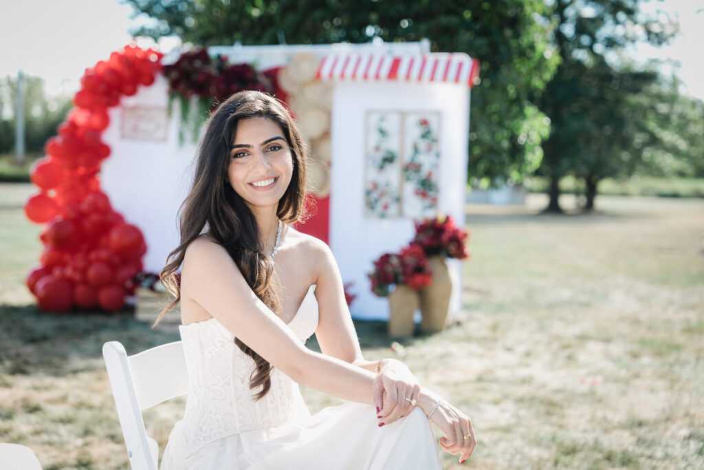 Bride smiling outdoors at backyard engagement party in Somerset NJ