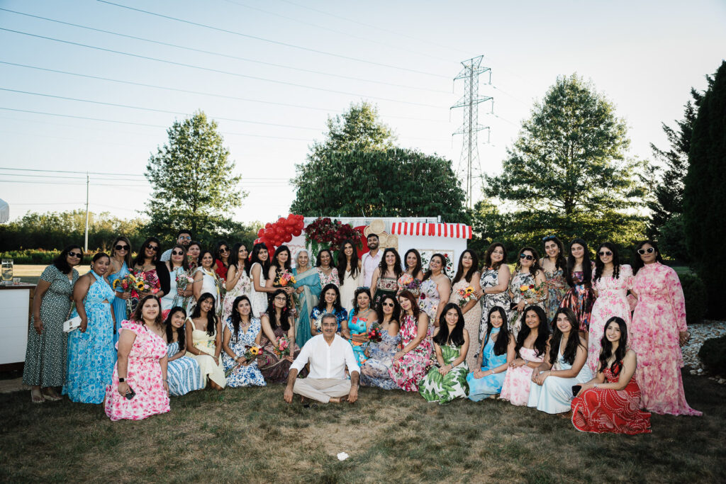 Large group photo at backyard engagement party in Somerset New Jersey