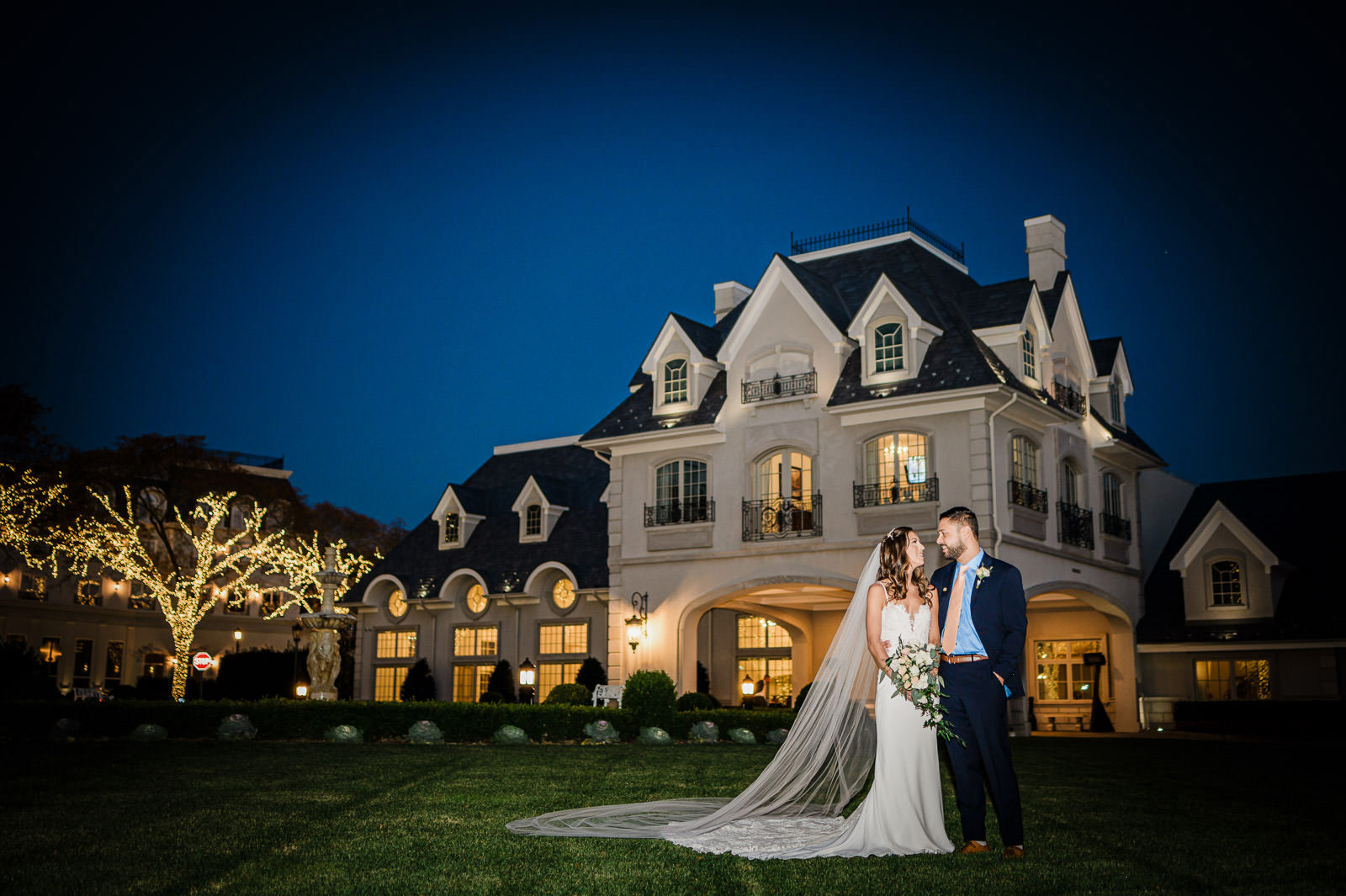 Bride and groom portrait at Park Chateau chapel golden hour East Brunswick NJ
